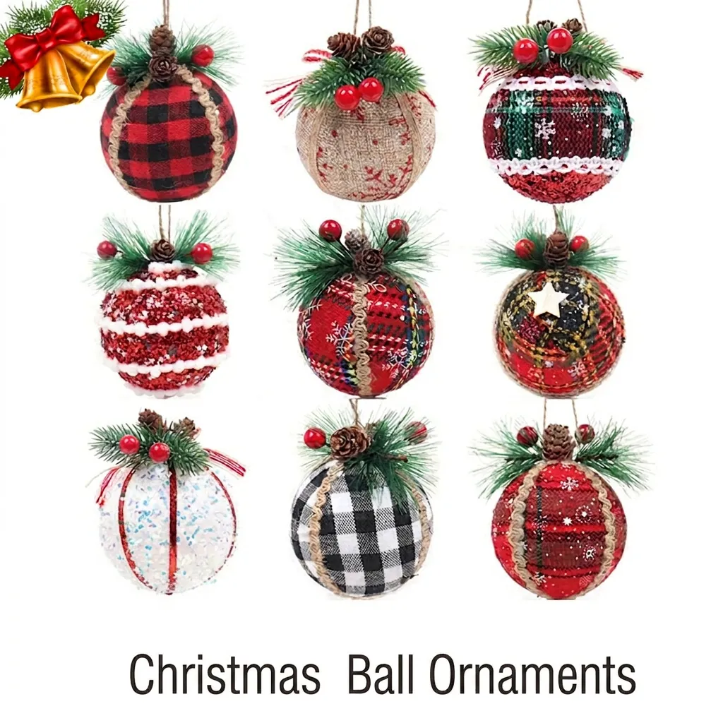 Christmas Tree Ornaments Ball Baubles Plaid Fabric Linen Wrapped With Pine Cones Berries Festive Holiday Party Hanging Decorations Rustic Style