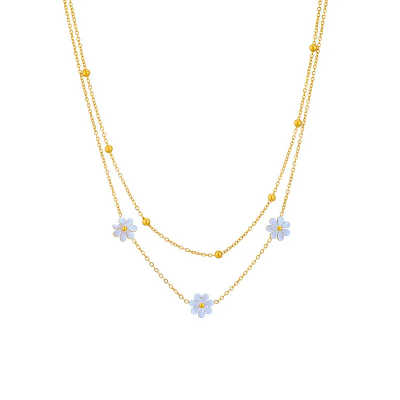 Layered Daisy Flower Pendant Necklace Titanium Stainless Steel White Shell Gold Tone Elegant Clavicle Chain Jewelry For Women