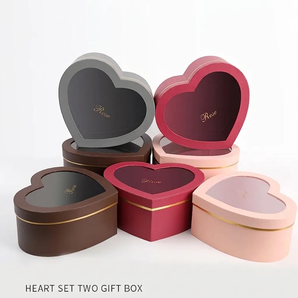 Heart Shaped Flower Gift Box Paper Cardboard Transparent Window Gold Foil Trim Floral Packaging Romantic Gifting