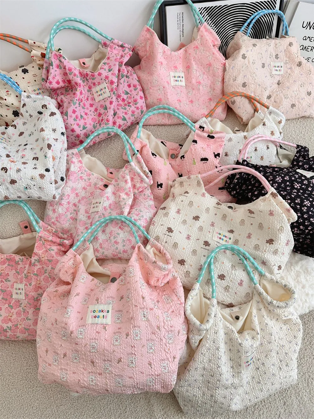 Cute Cartoon Animal Floral Printed Women Tote Bag Quilted Polyester Seersucker Handbag With Braided Handle Sweet Daily Casual