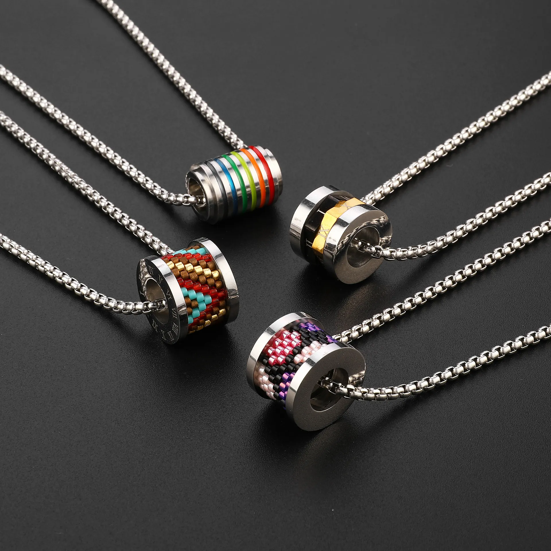 Cylindrical Pendant Necklace Titanium Steel Roman Numerals Colorful Glass Rice Beads Rainbow Enamel Trendy Jewelry Unisex