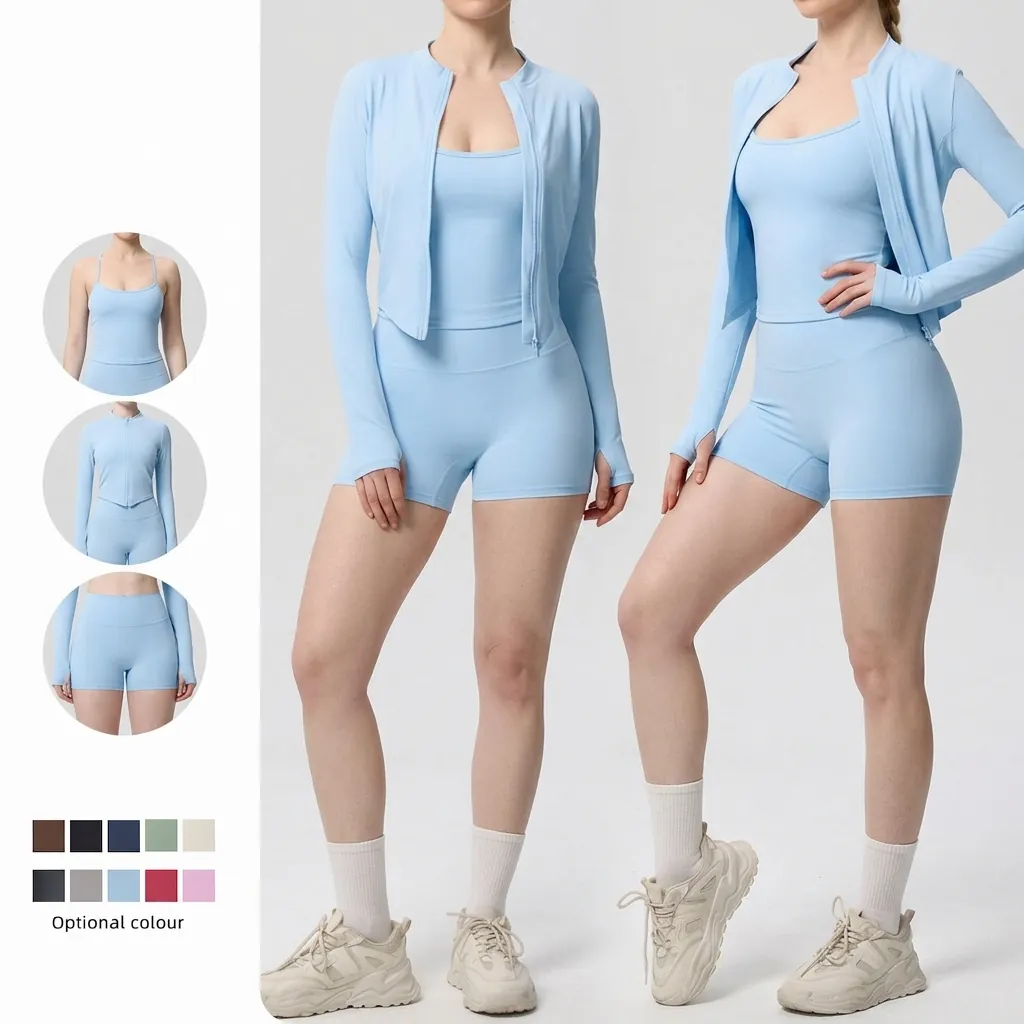 Damen Yoga Workout Outfit Nylon Spandex Schnelltrocknend Fitness Schlanke Jacke Tank Top Und Shorts