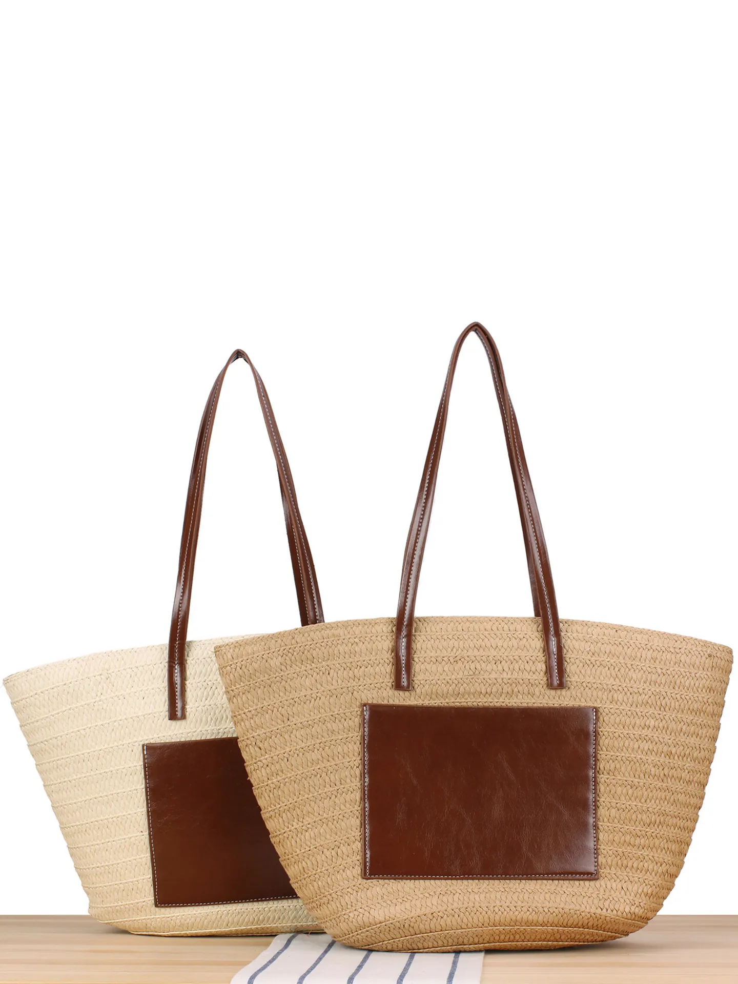 Large Woven Tote Bag Paper Rope PU Leather Patch Summer Beach Vacation Shoulder Bag For Women Simple Casual Handbag