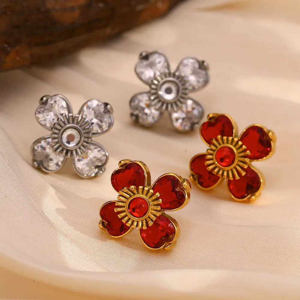 Boucles D'oreilles Fleurs Acier Inoxydable Plaqué Or 18K Coeur Zircon Florale Rétro Bijoux Élégants Pour Femmes