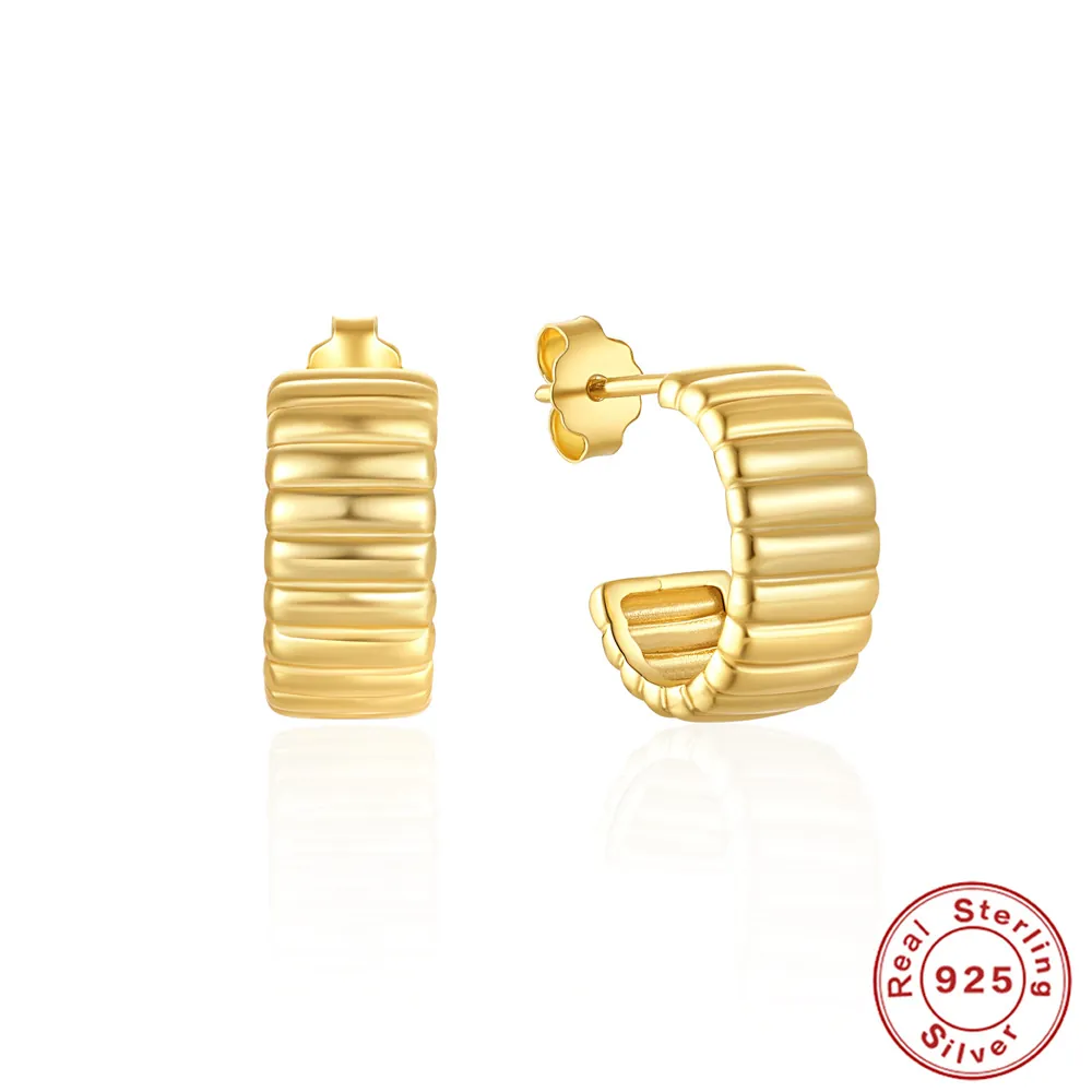 925 Sterling Silver Hoop Earrings C Shaped Ribbed Pleated Texture French Retro Style Minimalist Jewelry For Women
