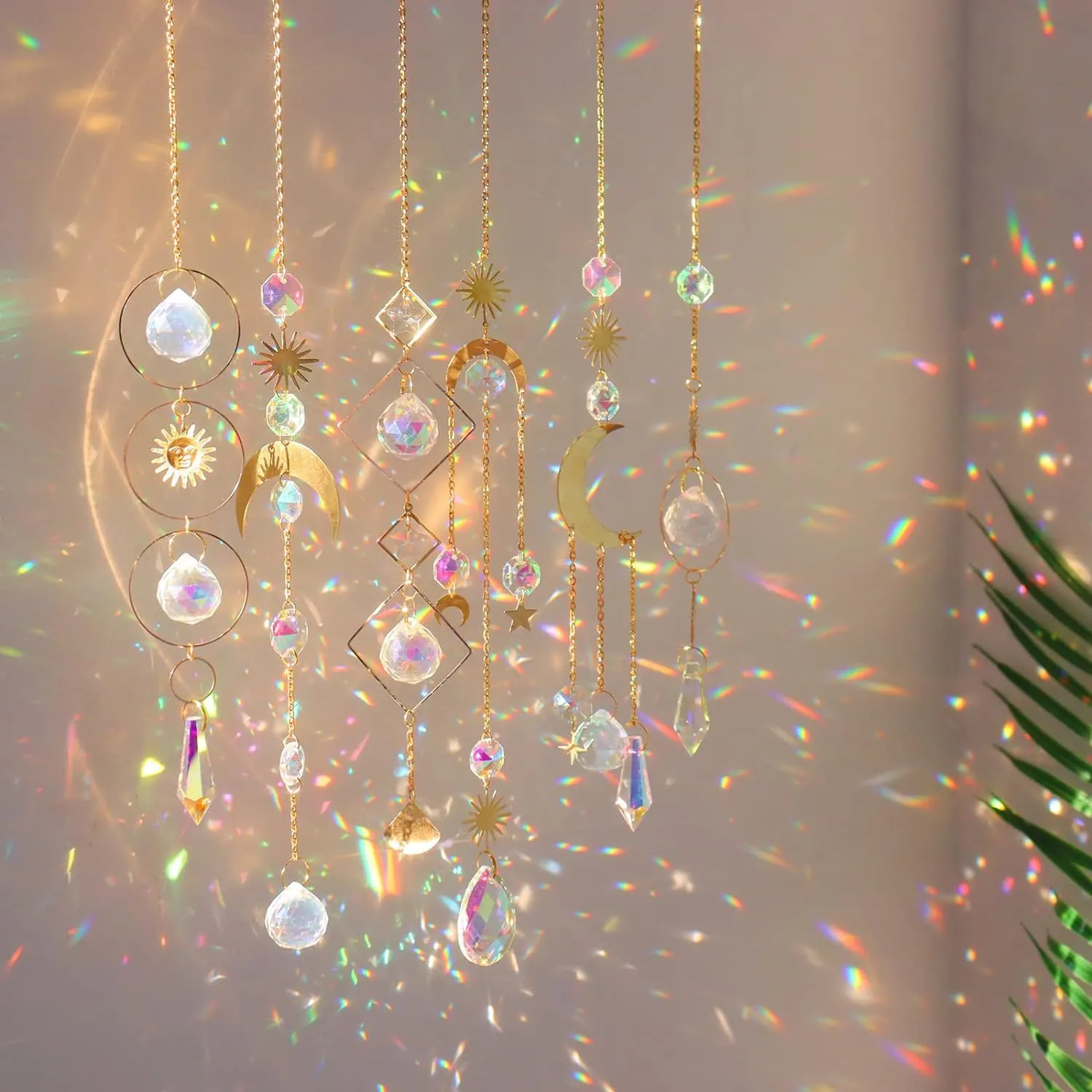 Crystal Suncatcher Hanging Ornament Golden Metal Moon Sun Star Rainbow Maker For Window Home Garden Decor