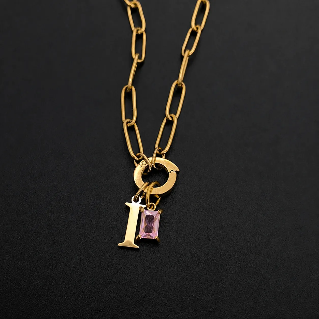 Edelstahl 14K Vergoldet Anfangsbuchstabe Anhänger Halskette Rosa Strass Büroklammerkette Für Damen Mode Schmuck Geschenk
