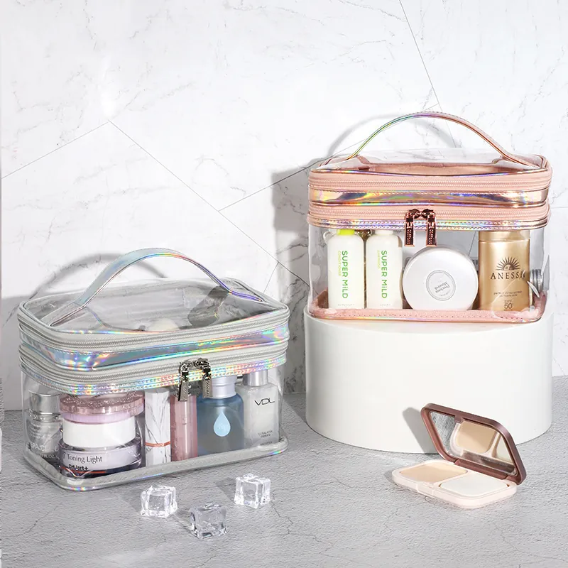 Double Layer Cosmetic Bag Waterproof PVC Transparent Toiletry Organizer Holographic Laser PU Trim Heart Zipper Travel Handbag