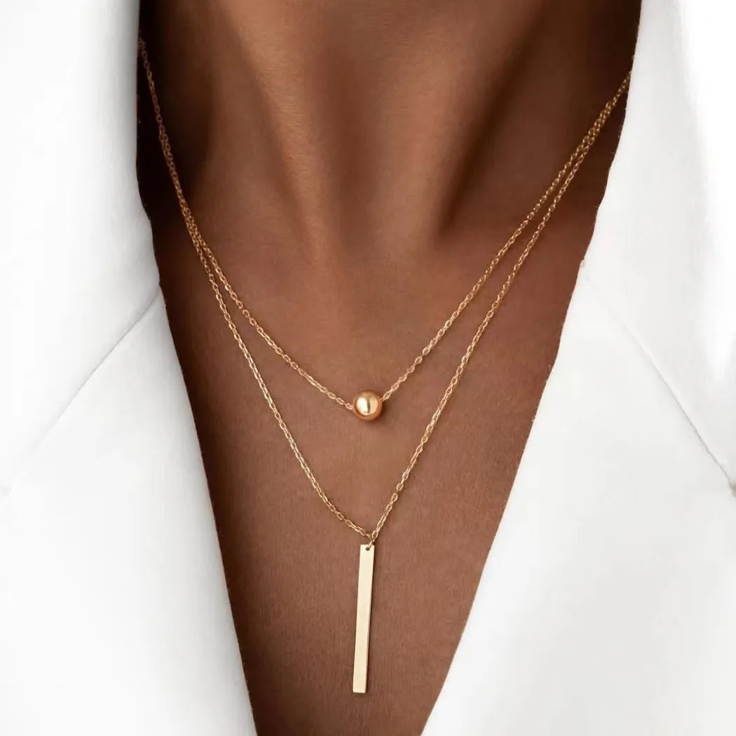 Minimalist Layered Alloy Necklace Geometric Bar And Bead Pendant Y Shape Chain For Women Chic Jewelry