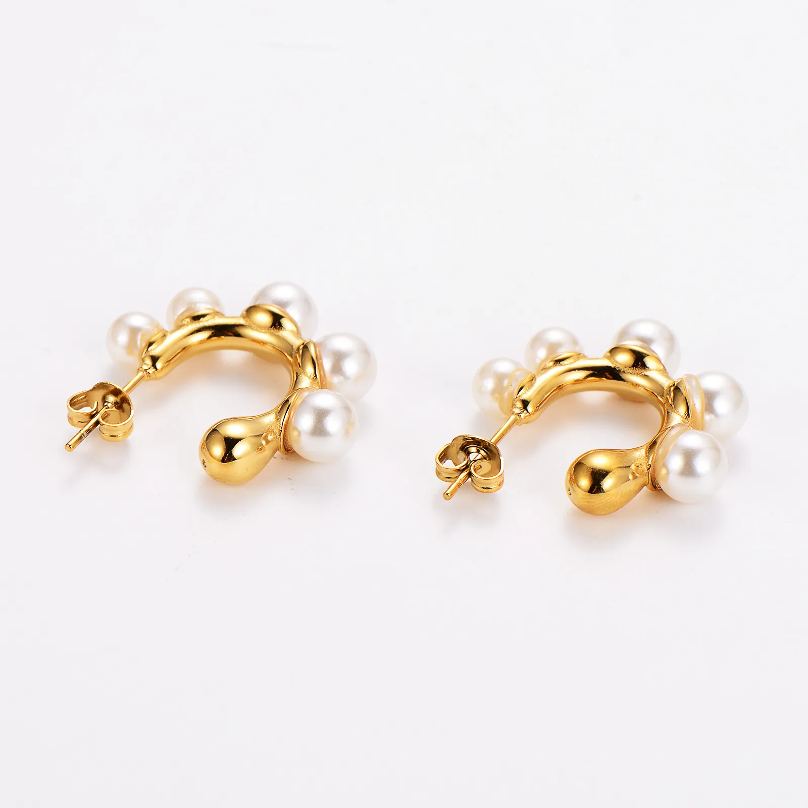 C Shaped Hoop Earrings 18K Gold Plated 304 Stainless Steel With White Artificial Pearls Minimalist Elegant Jewelry For Women