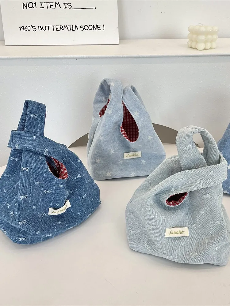 Mini Denim Knot Wrist Handbag With Star Bow Pattern Contrast Red Gingham Lining Japanese Style Casual Small Tote