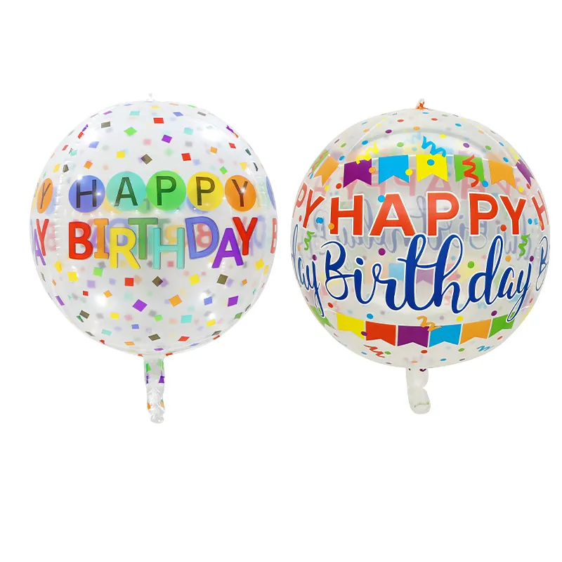 Transparent Happy Birthday Balloons 4D Bobo Aluminum Film Colorful Confetti Prints Festive Party Decorations