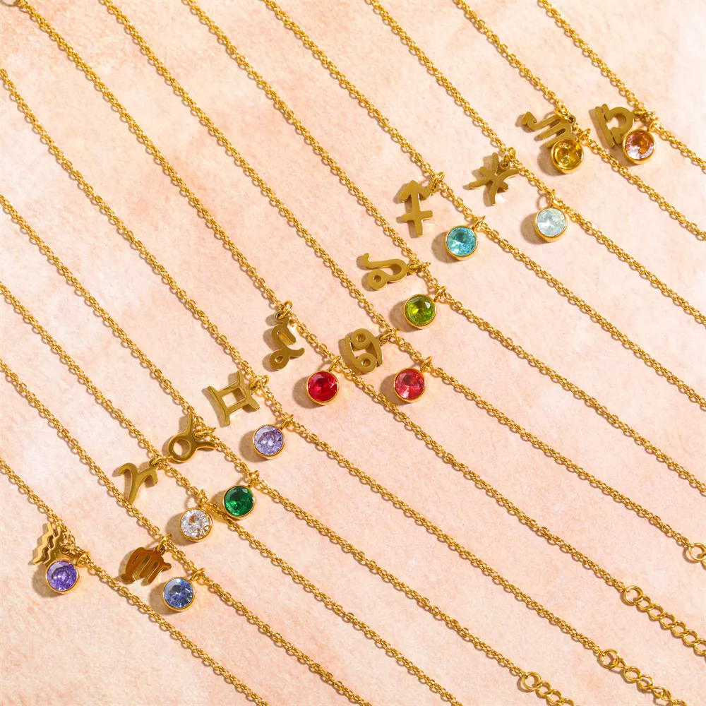 Stainless Steel Zodiac Birthstone Bracelet Gold Plated Constellation Symbol Cubic Zirconia Jewelry For Women