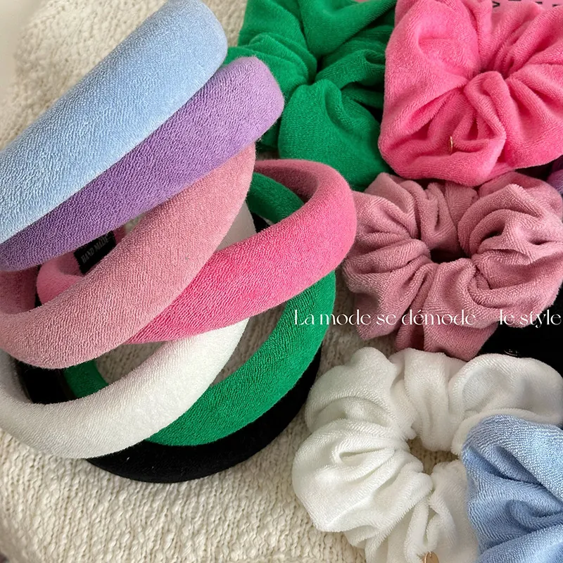 Padded Headband And Scrunchie Terry Cloth Soft Sponge Hair Band For Face Washing Makeup Spa Solid Candy Color Women
