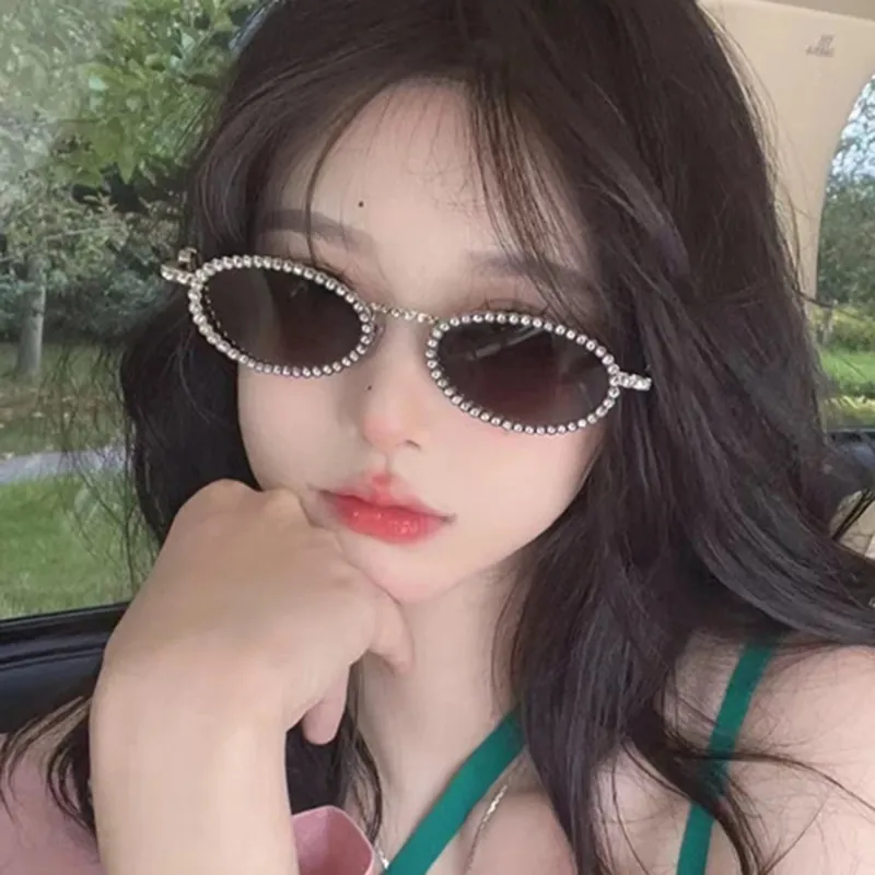 Oval Rhinestone Sunglasses Retro Punk Y2K Fashion Copper Alloy Frame AC Lens UV400 Protection For Women