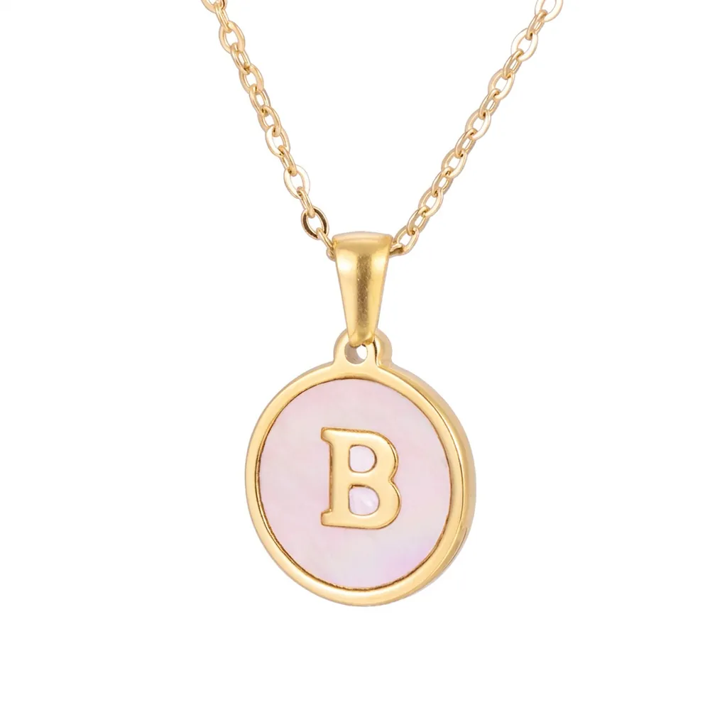 Initial Necklace Round Pendant Pink Shell 18K Gold Plated Stainless Steel Minimalist Daily Fashion Jewelry For Women