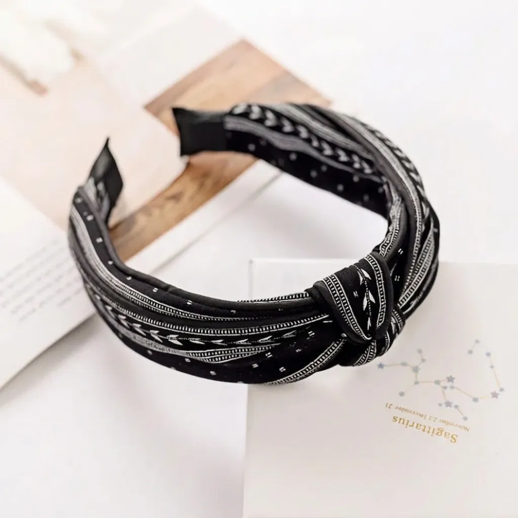 Women Fabric Knotted Headband Wide Brim Korean Style Houndstooth Floral Print Hair Accessory Elegant Headwear
