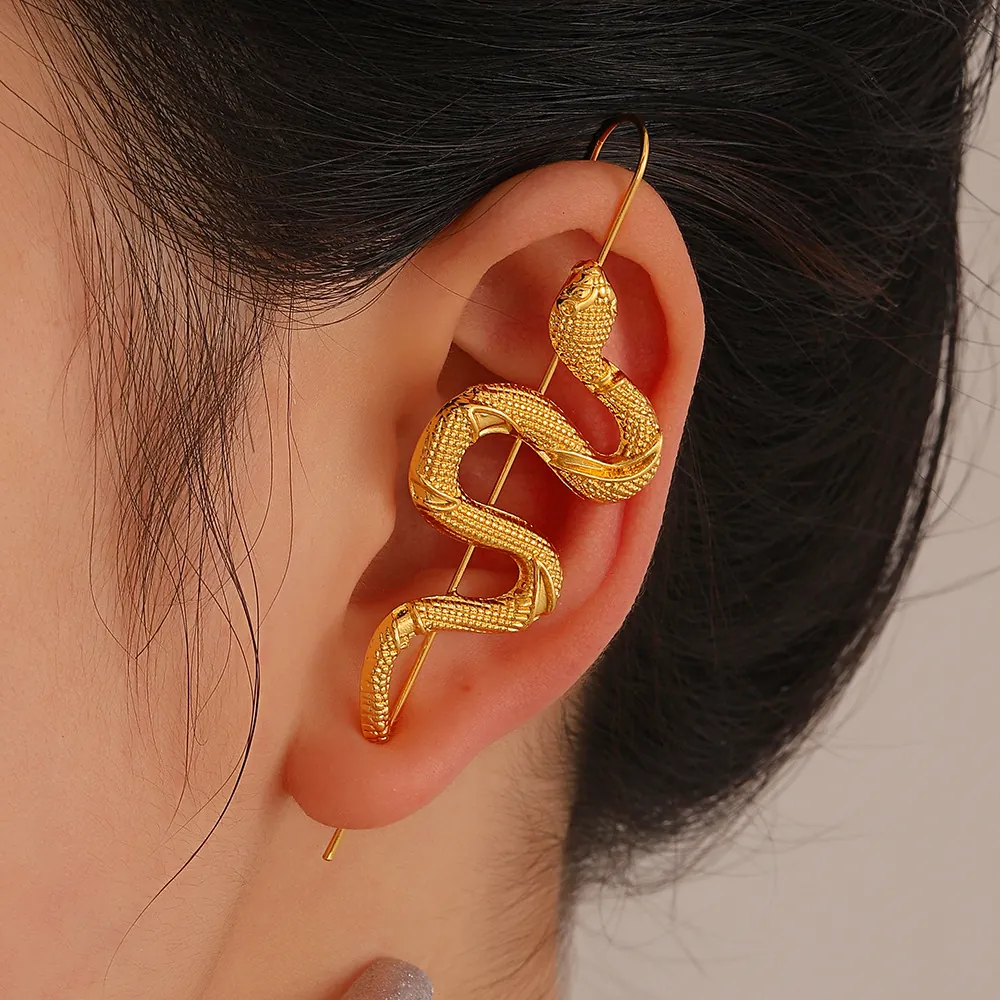 Snake Shape Ear Crawler Cuff Earrings Alloy Scale Texture Gothic Punk Jewelry For Women With Long Earring Post