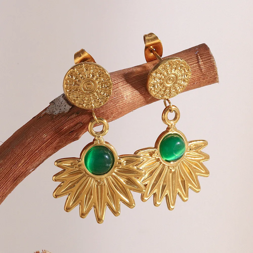 Fan Shaped Pendant Earrings Stainless Steel 18K Gold Plated Vintage Green Agate Oval Gemstone Elegant French Style For Women
