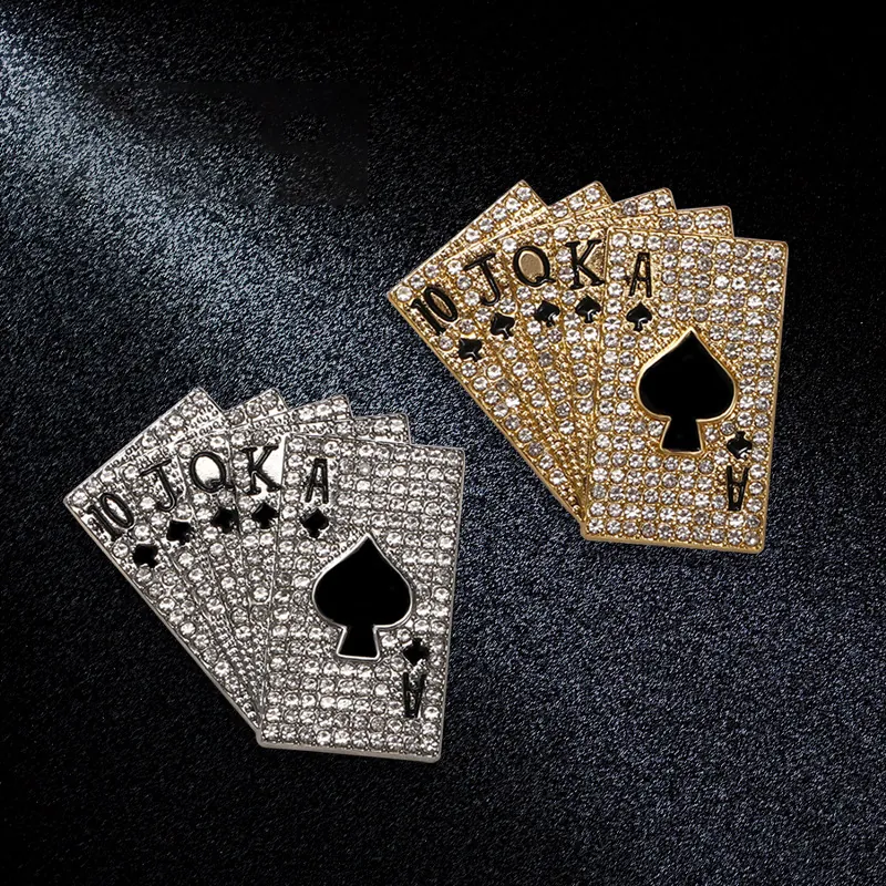 Broche Poker Royal Flush Alliage Strass Émail Épinglette Pour Costume Bijoux De Mode Accessoires Unisexe