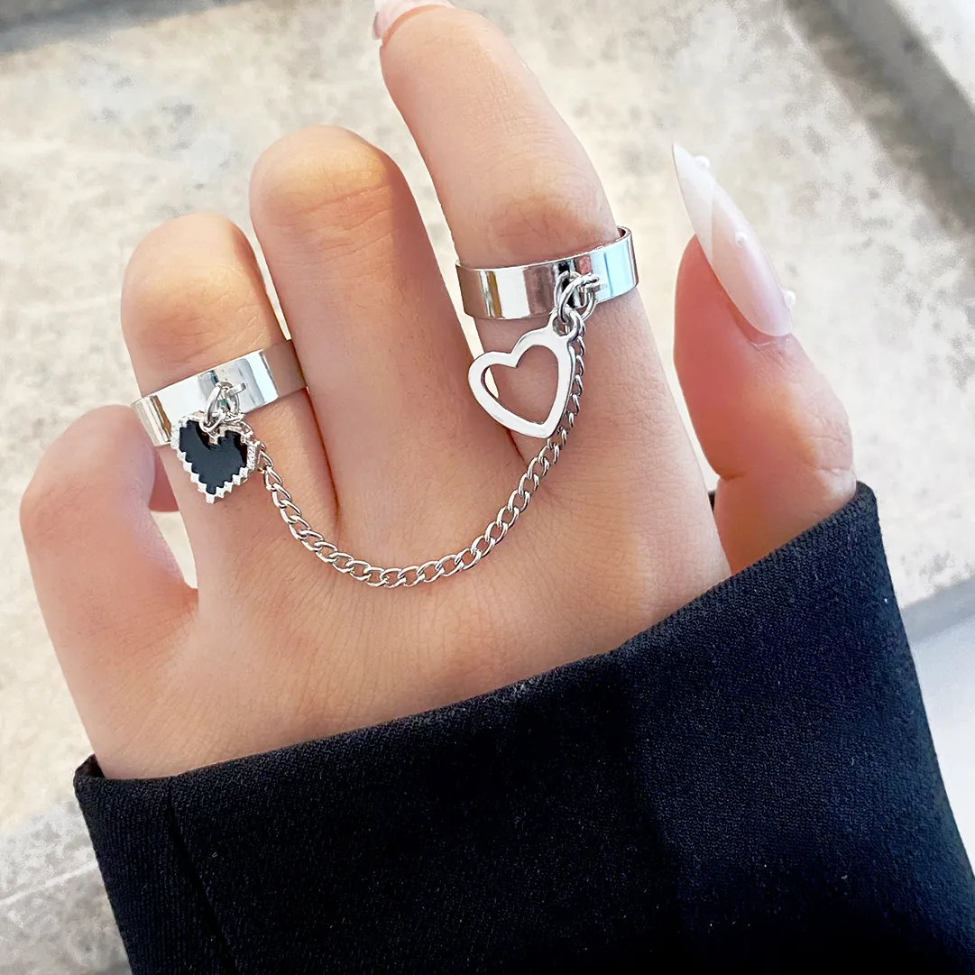 Linked Rings With Chain Alloy Heart Butterfly Charms Punk Adjustable Cool Style For Women Men