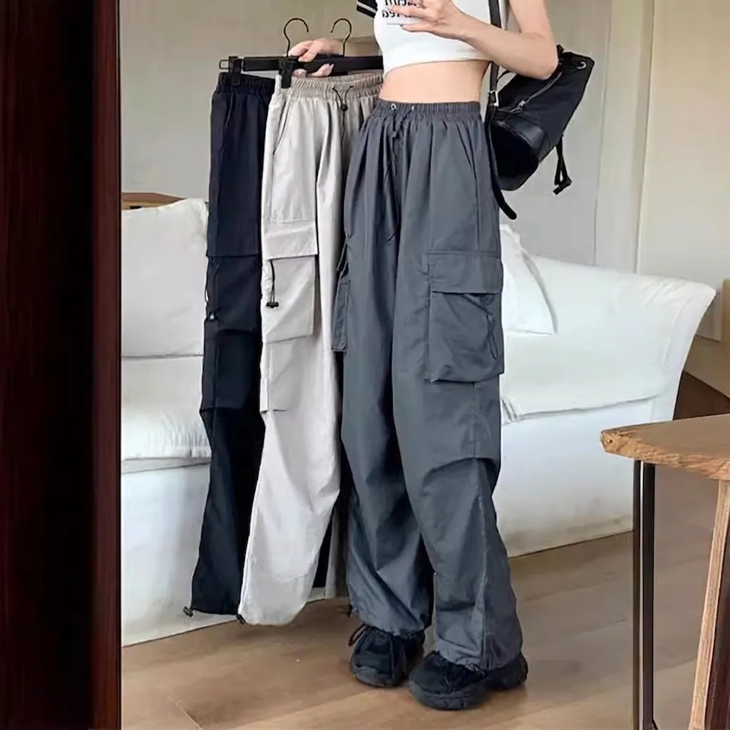 Women High Waist Cargo Pants Multi Pocket Loose Straight Wide Leg Drawstring Casual Streetwear Polyester Trousers