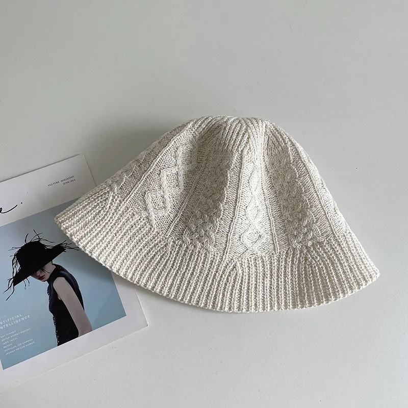 Women Knitted Bucket Hat Cotton Linen Blend Breathable Sun Shade Cable Knit Rhombic Pattern Foldable Summer Sun Hat