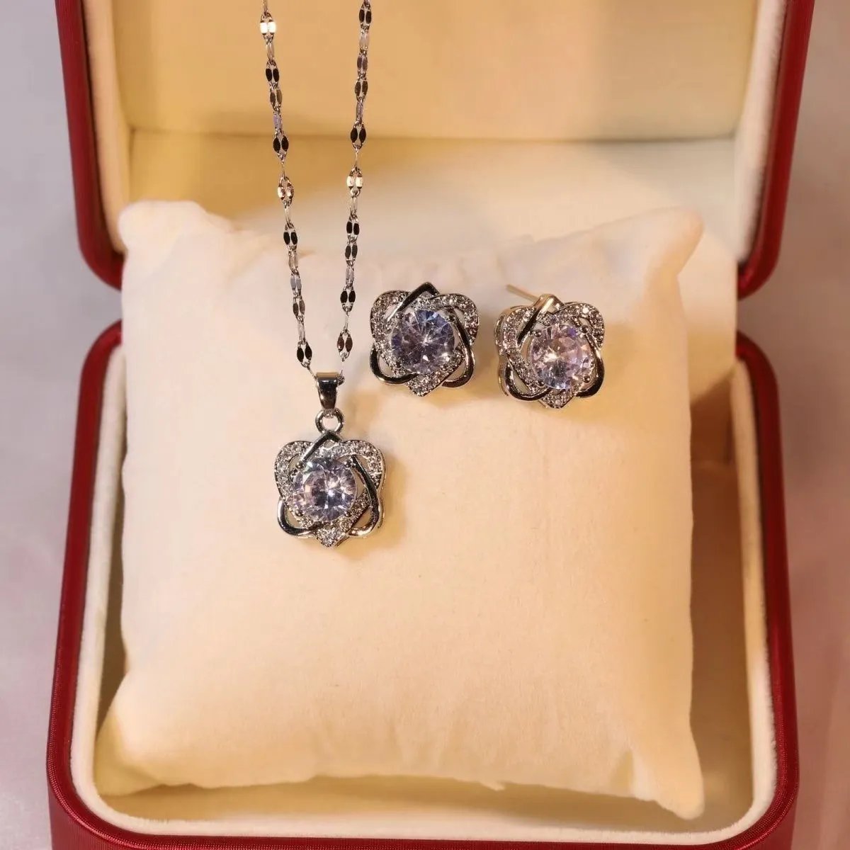 Double Heart Flower Pendant Necklace And Earrings Jewelry Titanium Steel Zircon Rhinestone Luxury For Women