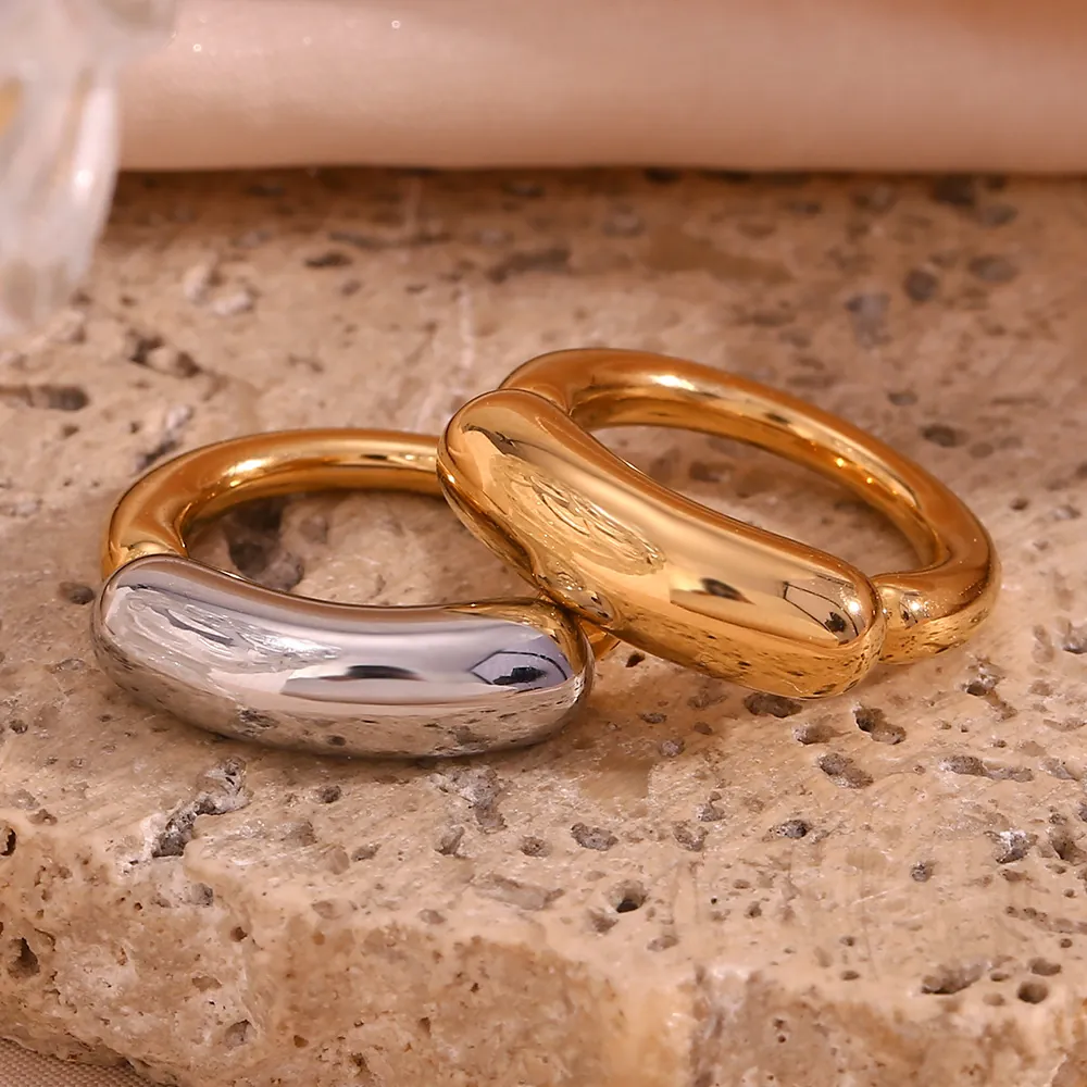 Chunky Geometric Ring 18K Gold Plated 316L Stainless Steel Thick Curved Line Minimalist Modern Bicolor Jewelry Women