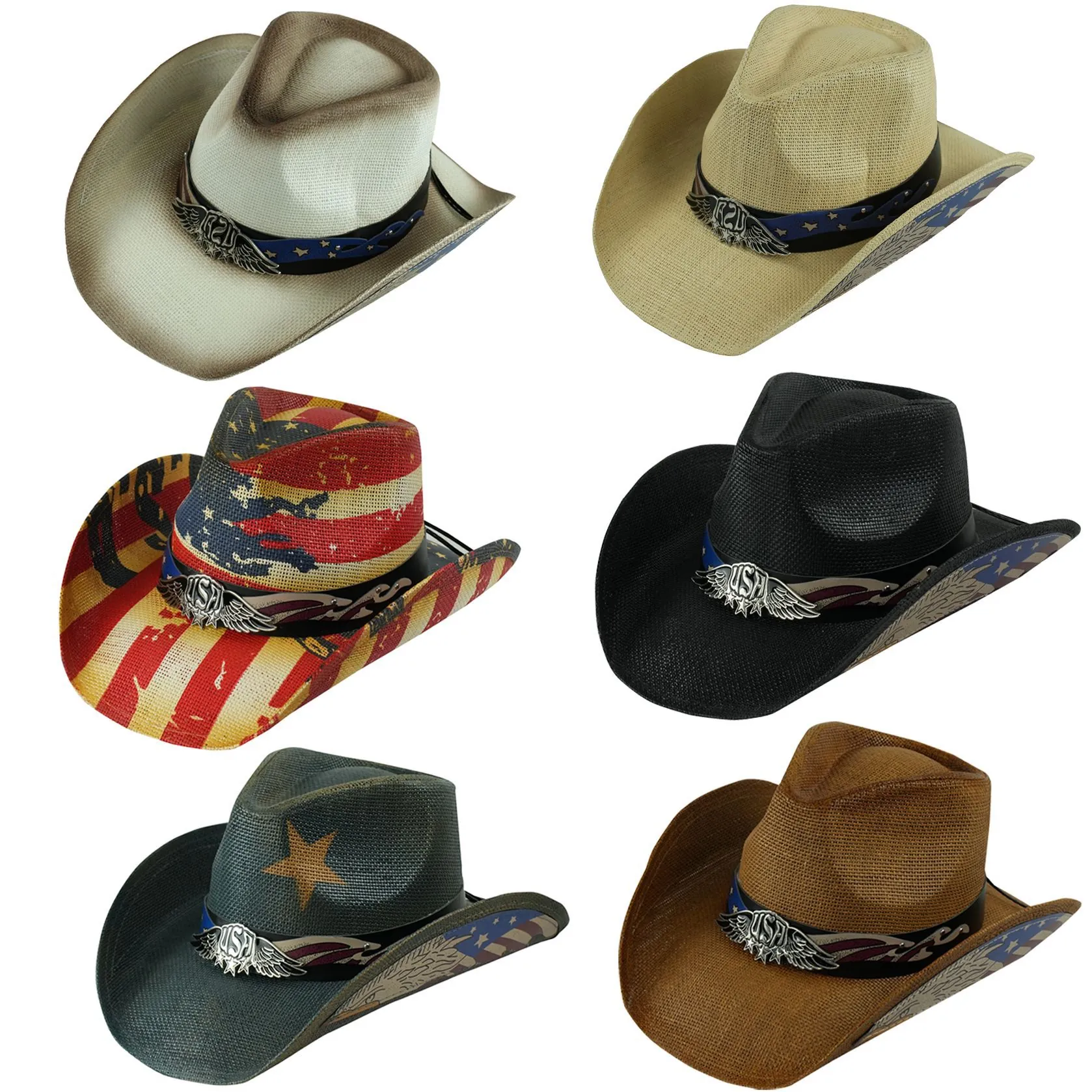 Chapeau De Cowboy En Paille À Bord Large Badge Métallique Aile USA Drapeau Américain Chapeau De Soleil Rétro Jazz Hommes Femmes