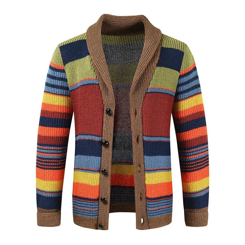 Men Rainbow Striped Knitted Cardigan Shawl Collar Thick Long Sleeve Button Down Polyester Cotton Sweater Top For Winter