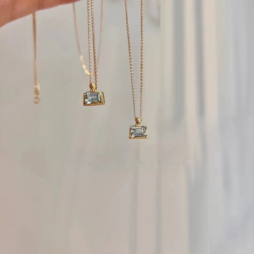 925 Sterling Silver Necklace With Rectangular Aquamarine Crystal Sugar Cube Pendant Minimalist Elegant For Women
