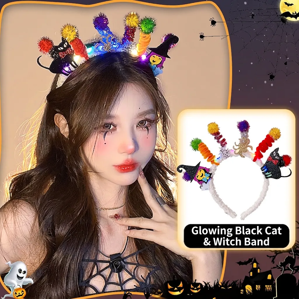 LED Halloween Headband Light Up Luminous Plush Hair Hoop Pumpkin Skull Ghost Bat Spider Costume Party Decor Accessory