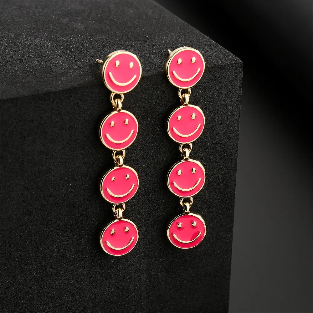 Trendy Copper Enamel Smiley Face Long Drop Earrings Gold Plated Fashion Multi Tier Hanging Jewelry For Women