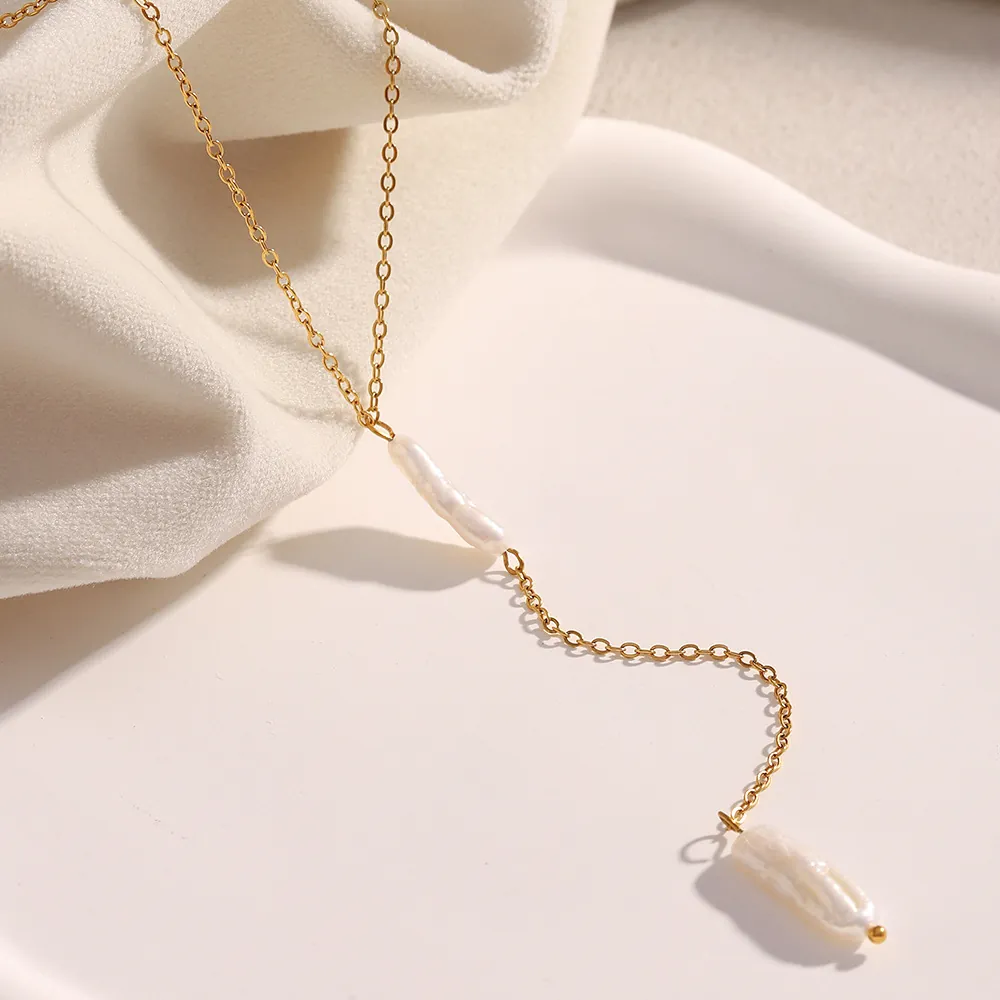 Artificial Baroque Pearl Tassel Necklace 18K Gold Plated Stainless Steel Y Shaped Lariat Long Chain Vintage Elegant Jewelry For Women