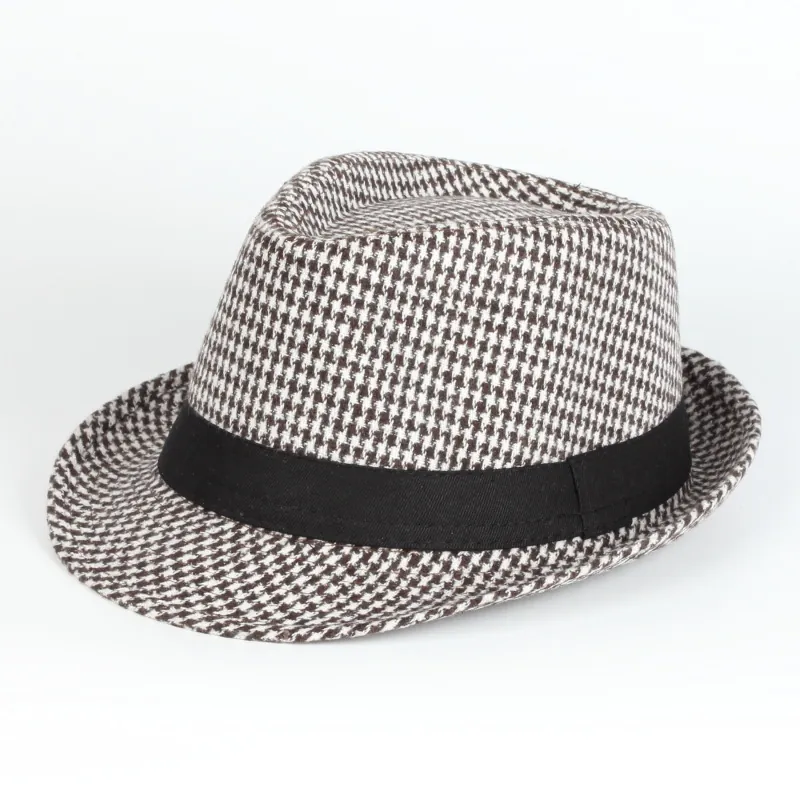 Houndstooth Fedora Hat Vintage British Style Polyester Cotton Blend Jazz Cap With Black Ribbon For Men Women