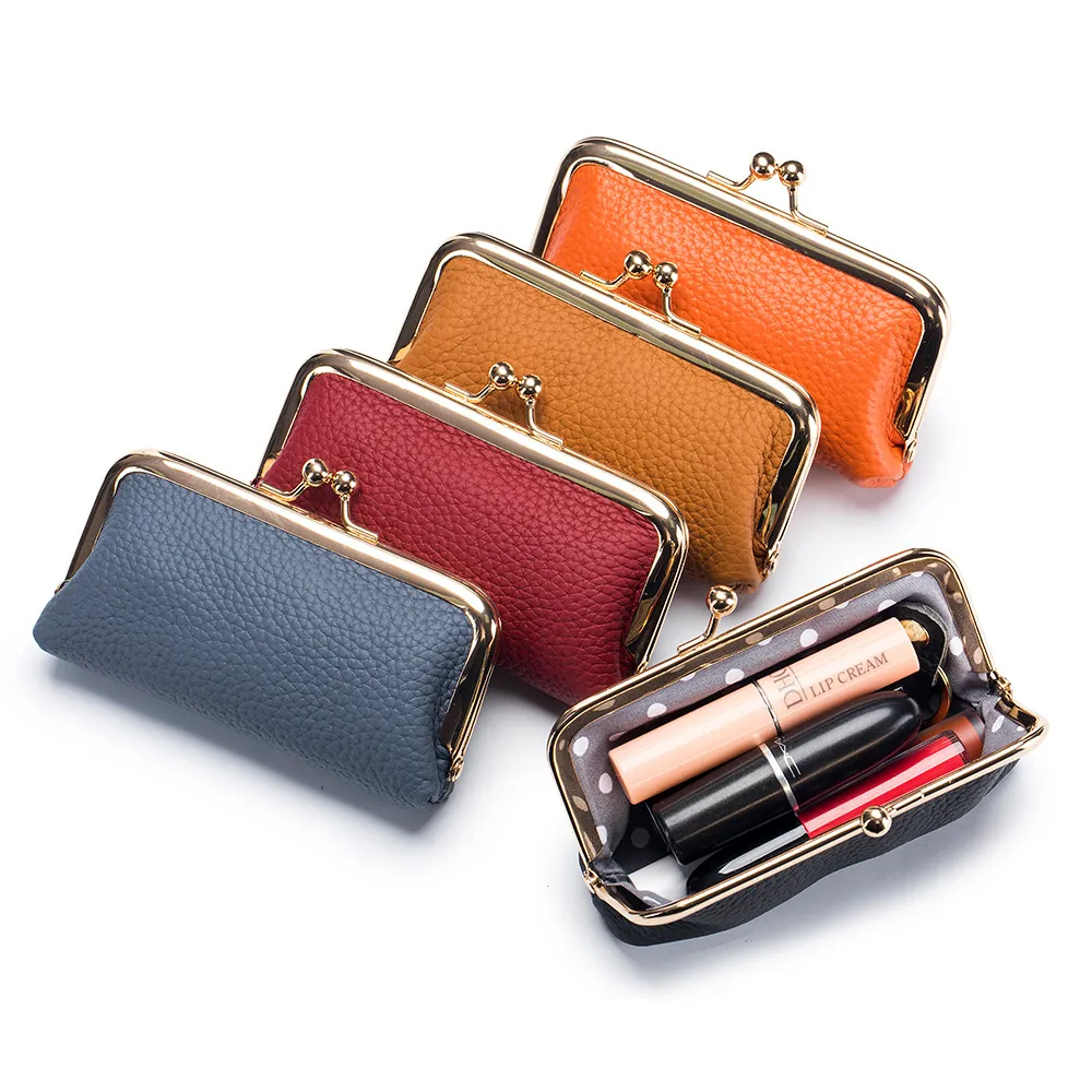Vintage Top Layer Cowhide Leather Coin Purse Mini Kiss Lock Lipstick Storage Bag Small Pebbled Texture Wallet For Women