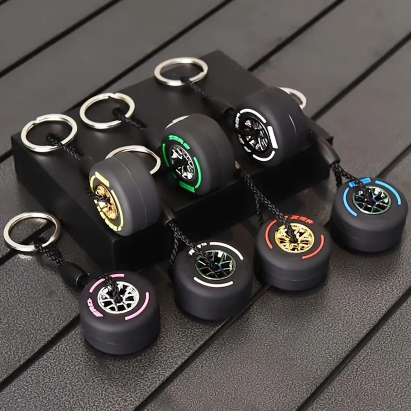 Racing Tire Keychain With Soft Pvc Miniature Wheel Hub Design And Woven Rope For Car Enthusiasts Accessory