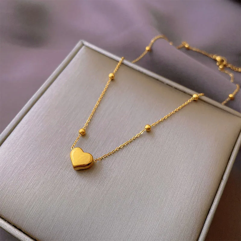 Heart Pendant Necklace Titanium Steel Beaded Chain 18K Gold Plated Minimalist Niche Design Clavicle Jewelry For Women