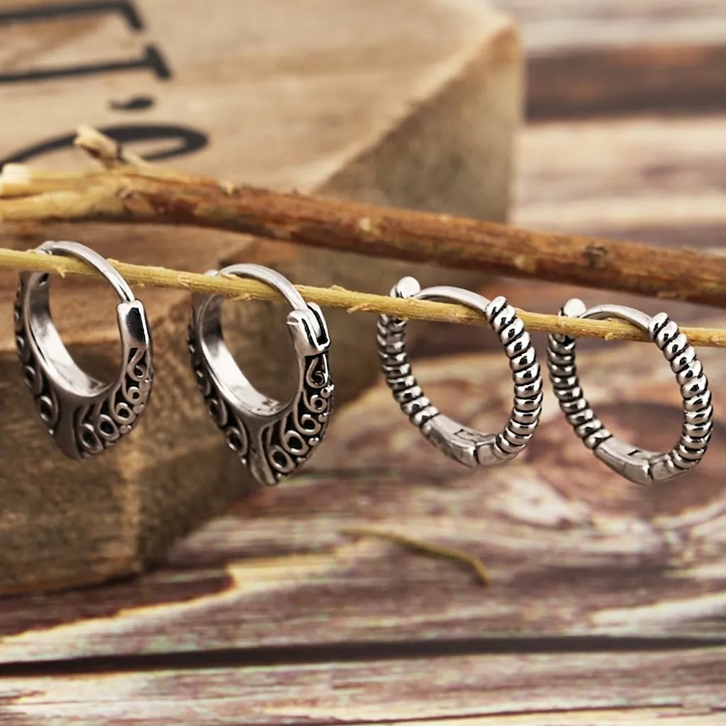 Vintage Stainless Steel Ear Hoop Earrings Retro Ethnic Totem Hollow Twisted Rope Texture Punk Style Unisex Jewelry Gift