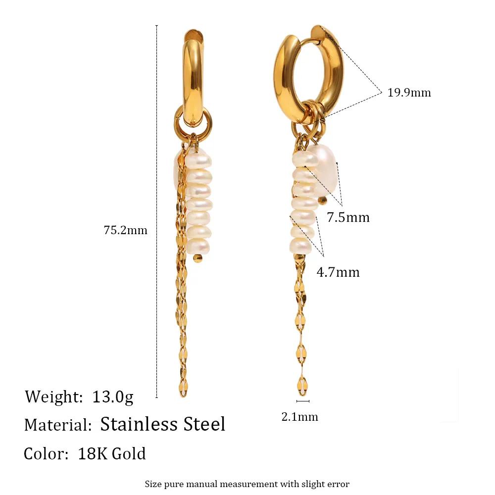 French Vintage Artificial Pearl Tassel Dangle Earrings 18K Gold Plated Stainless Steel Hoop Elegant Jewelry For Women