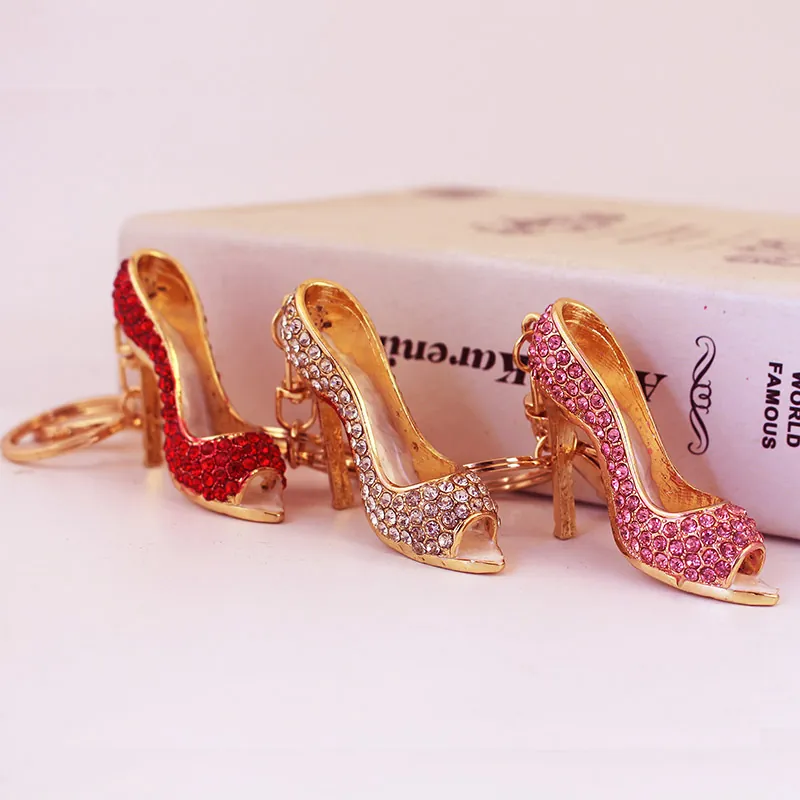 High Heel Shoe Keychain Sparkling Rhinestone Enamel Stiletto Bag Charm Pendant For Women Girls Metal Key Ring Ornament