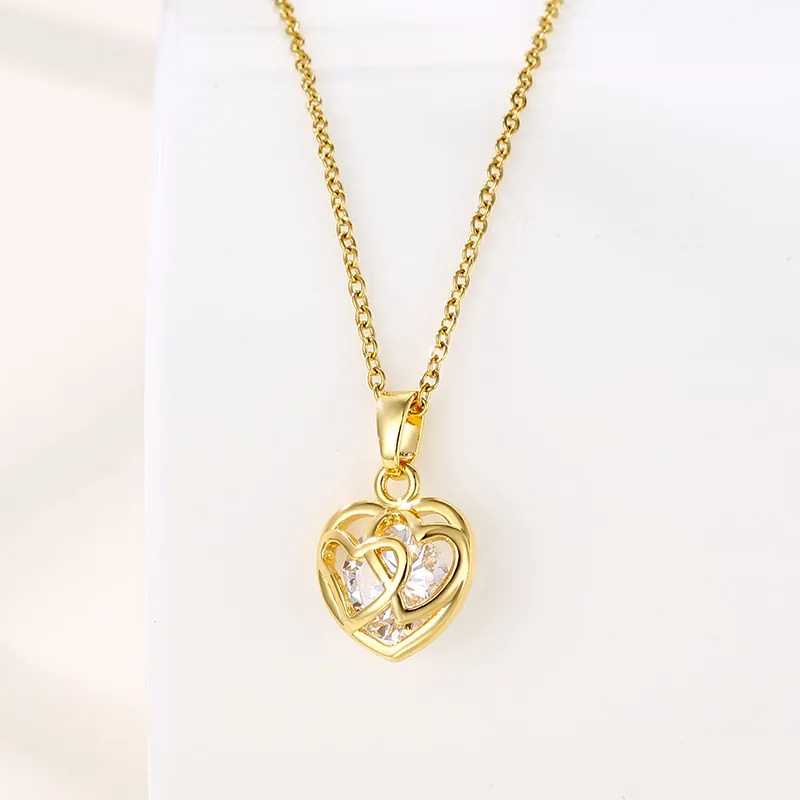 Collier Pendentif Cœur En Acier Inoxydable Plaqué Or Creux Zircone Cubique Bijoux Tendance Pour Femmes
