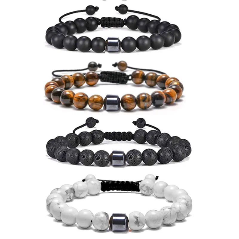 Bracciale Di Perline In Pietra Naturale Regolabile Intrecciato Occhio Di Tigre Pietra Lavica Ematite Gioielli Unisex