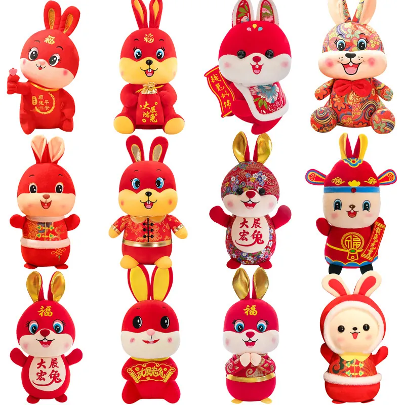 Peluche di Coniglio dello Zodiaco Cinese Tradizionale Mascotte Rosso Anno del Coniglio Bambola di Stoffa Portafortuna per Capodanno
