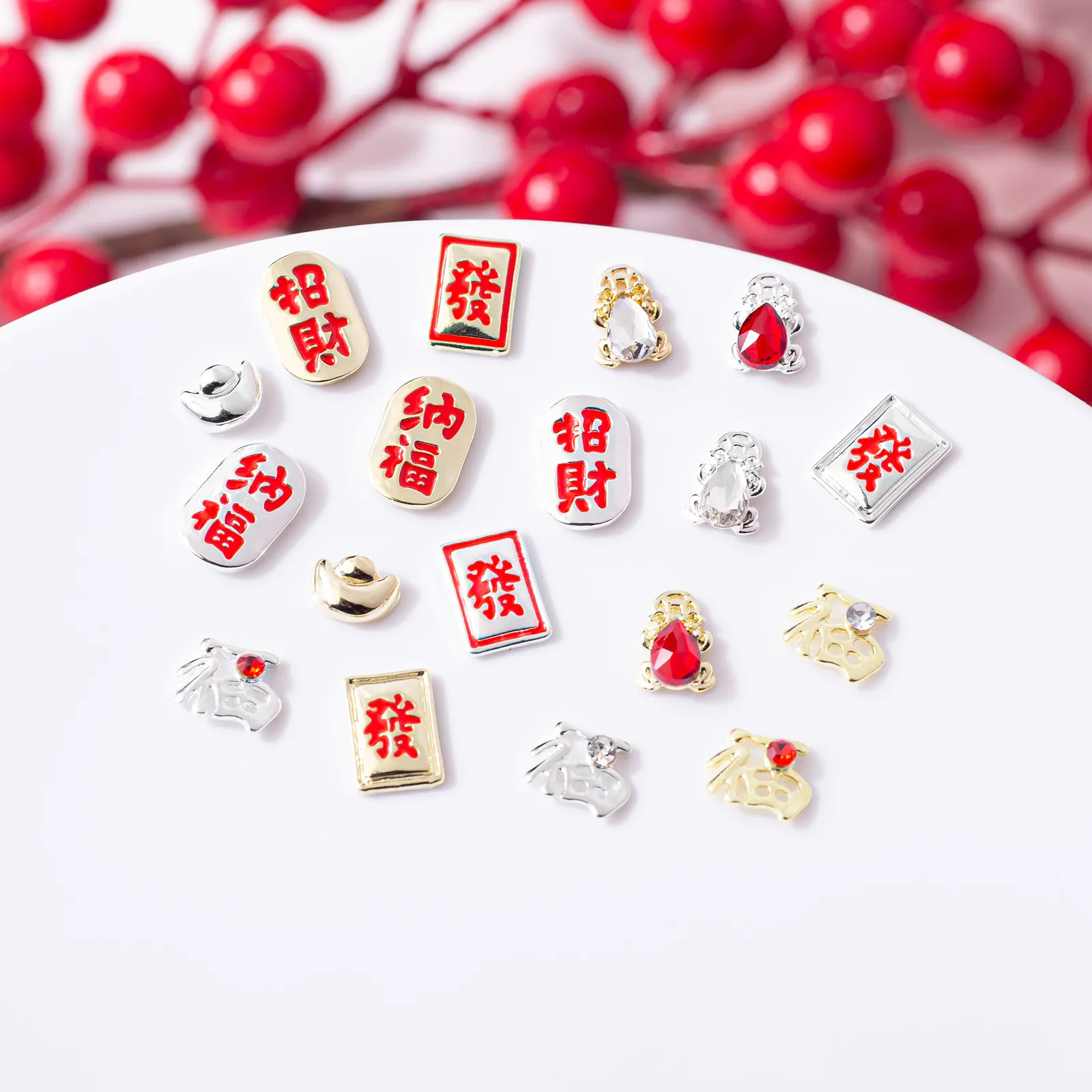 Chinese Style New Year Nail Art Charms Alloy Metal Mahjong Fa Gold Ingot Red Rhinestone Decoration Accessories Luxury
