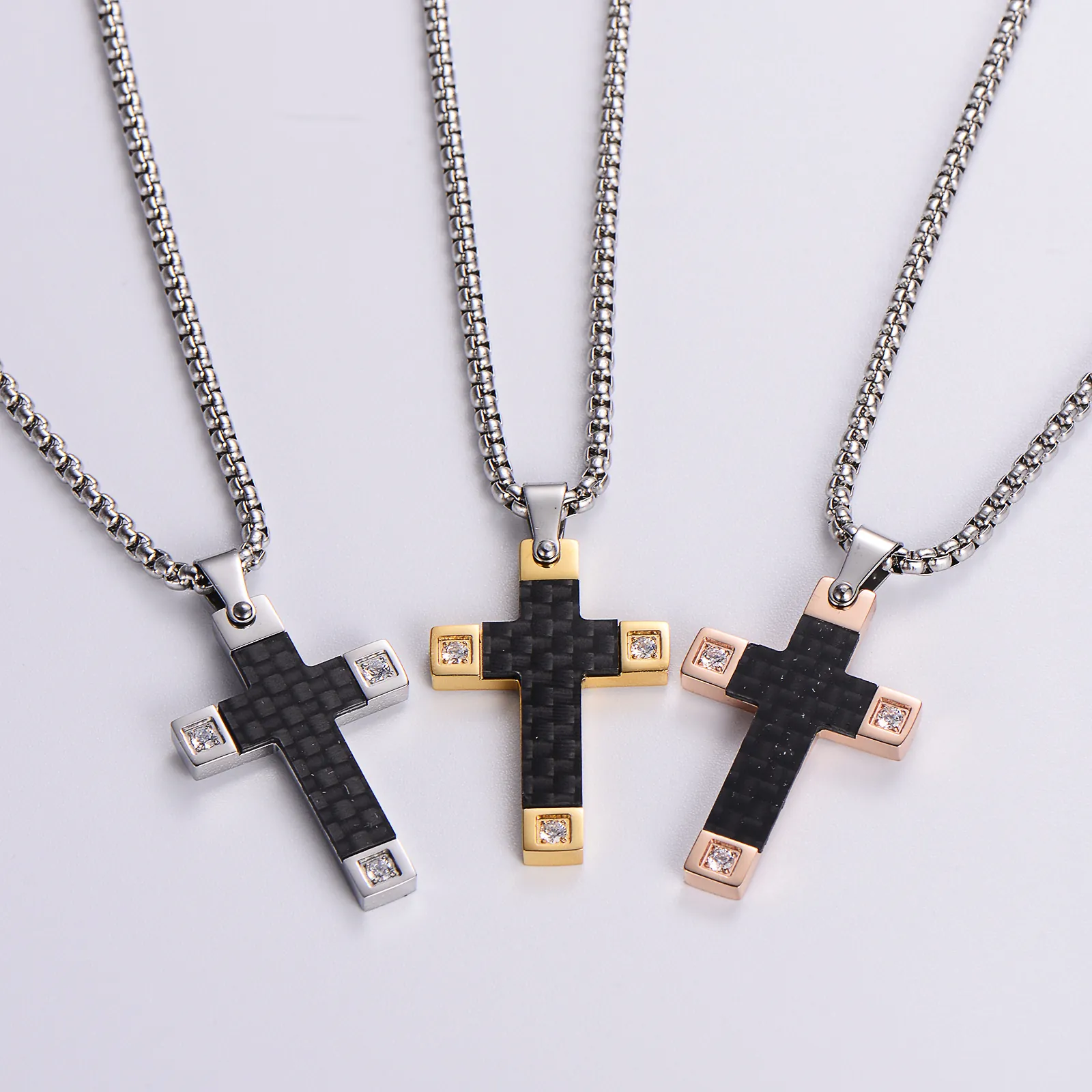 Cross Pendant Necklace 316L Stainless Steel Black Carbon Fiber Inlay Cubic Zirconia Personalized Fashion Jewelry For Men