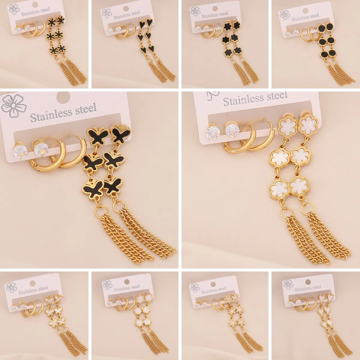 Stainless Steel Earrings Zircon Enamel Flower Heart Butterfly Shapes Long Tassel Fashion Elegant Jewelry For Women