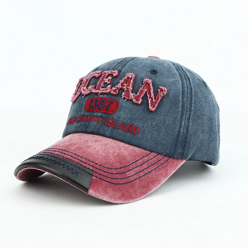 Washed Cotton Baseball Cap Vintage Distressed Spliced Sun Protection Outdoor Adjustable Hat With Ocean Embroidery
