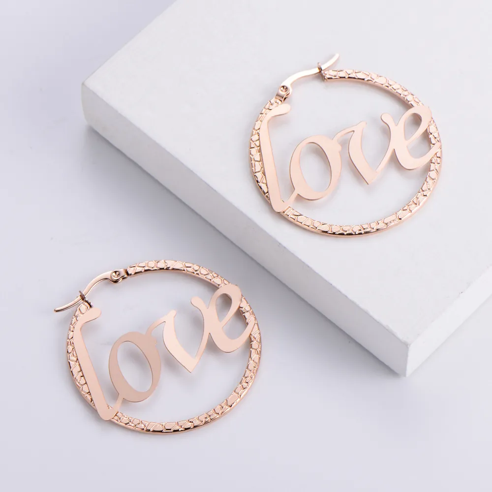 304 Stainless Steel Rose Gold Plated LOVE Letter Hoop Earrings Textured Round Cutout Jewelry For Women